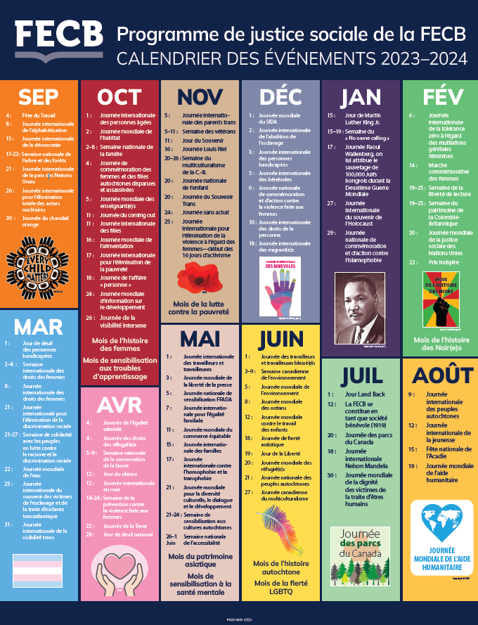 2023-24 Programme de justice sociale de la FECB (Social Justice Calendar Poster in French)